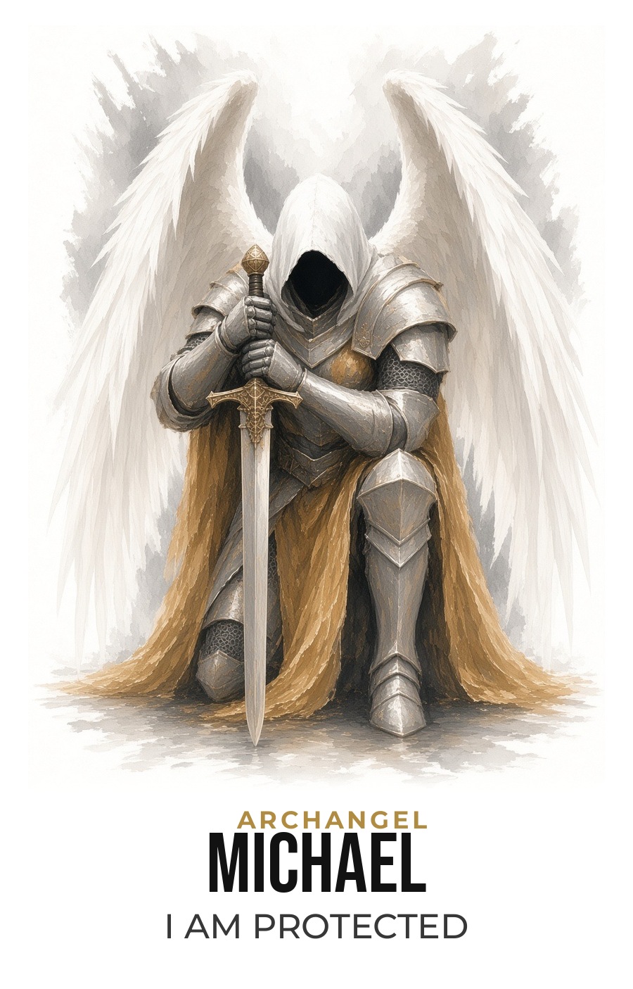 Painted hooded archangel knight with white wings and gold cloak, holding an upright sword, with ARCHANGEL, MICHAEL and I AM PROTECTED underneath