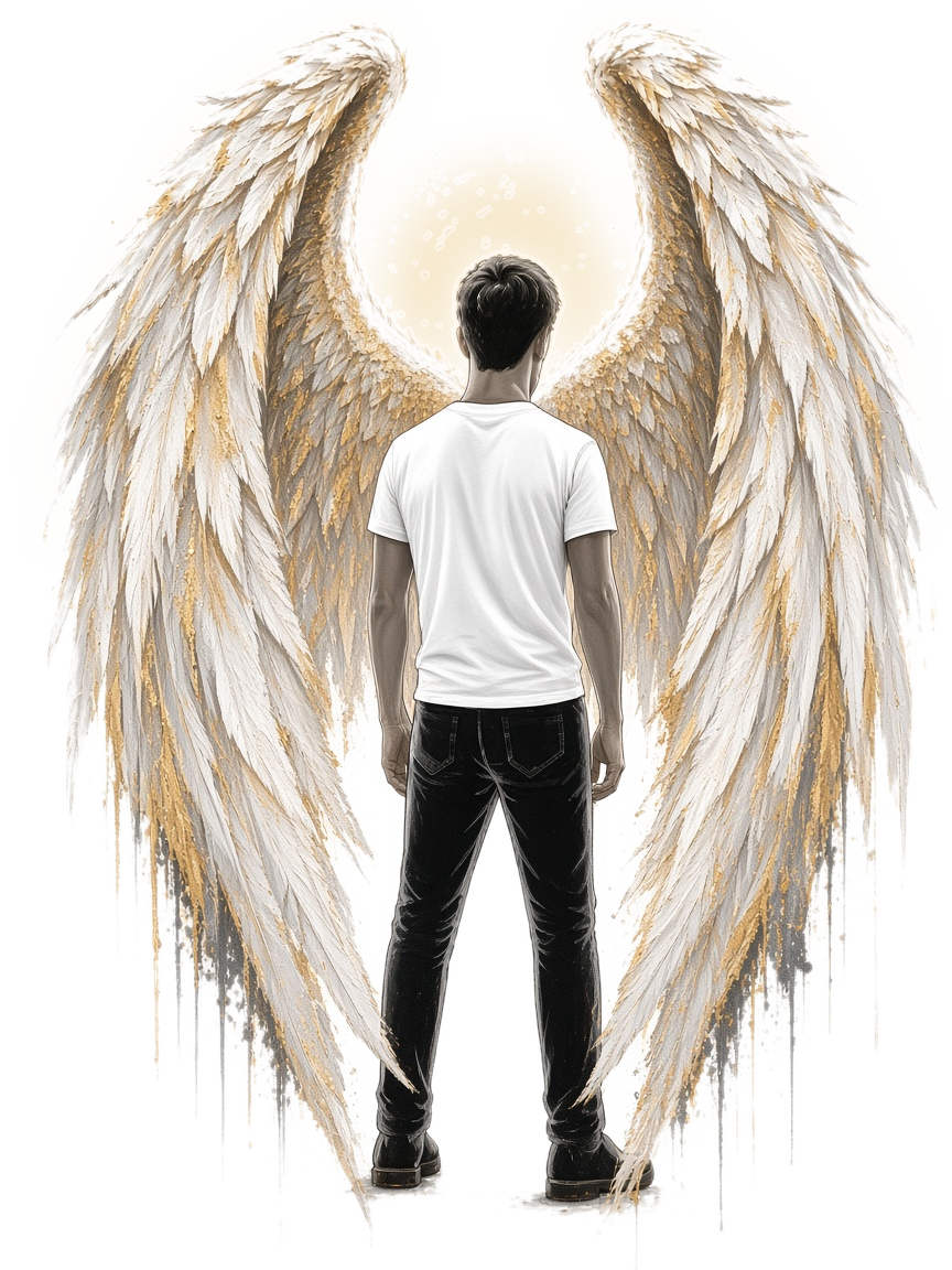 Standing teen with cream and gold archangel wings